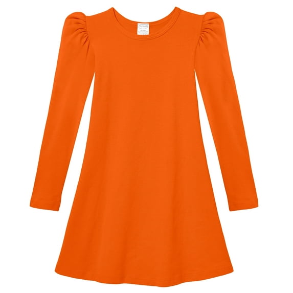 Girls Soft Cotton Puff Long Sleeve Dress | Orange