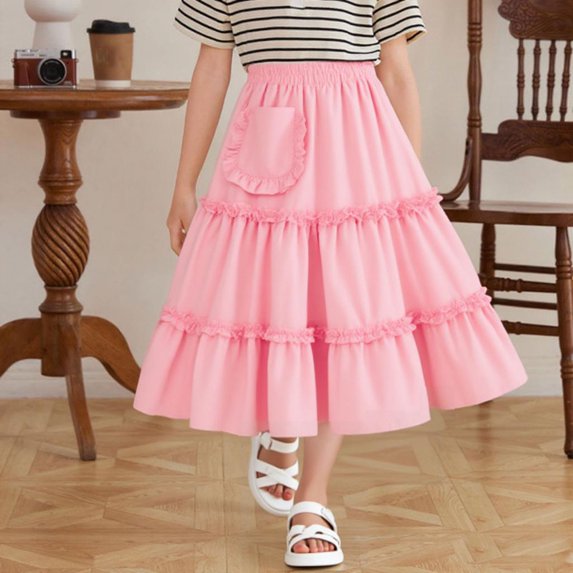 Girls Soft Cotton Skirts Elastic Waisted Flowy A-Line Tiered Casual Skirt with Pocket 3-4Y