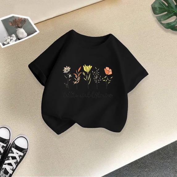 Girls Soft Summer Roundneck Tee For Kids With Print Comfort Fit Top For Everyday Wear Breathable Blend Shirt For Girls(Black,4-6 Years-)