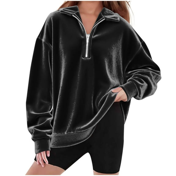 Girls Soft and Comfortable Tops New Girls Oversized Velvet Sweatshirts Long Sleeve Pullover Tops Half Zip Sweat Shirt Fall Winter Clothes Black 150