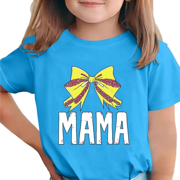 Girls Softball Mama T-Shirt Blue Bow Graphic Distressed Lettering Youth Crew Neck Breathable Polyester Spandex Sizes 110-170,Size 9-10T