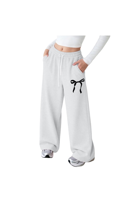 Girls Softball Pants Black Girls Baggy Sweatpants Bow Prints Wide Leg Drawstring Y2K Jogger Pants Casual Athletic Preppy Trousers with Pockets