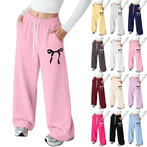 Girls Softball Pants Black Girls Baggy Sweatpants Teen Trendy Wide Leg Y2k Bow Sweatpants Elastic Waist Drawstring Comfort Sweat Pants