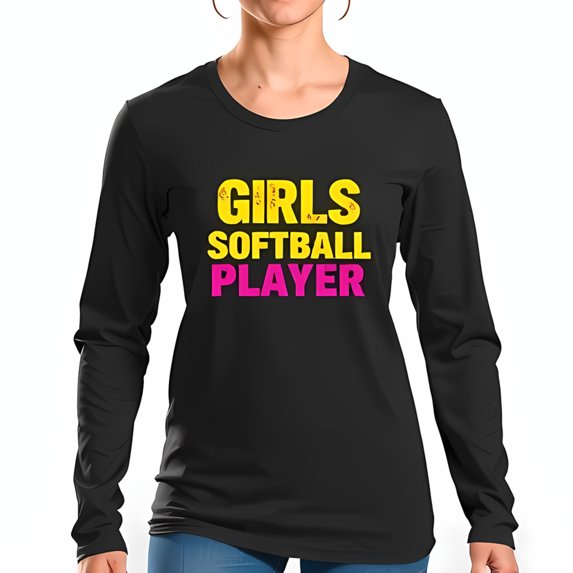 Girls Softball Player Long Sleeve T-Shirt - Bold Graphic Design Comfortable Fit for Practice & Casual Wear