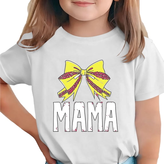 Girls Softball T-Shirt White Softball Bow Graphic MAMA Distressed Lettering Stretchy Breathable Crew Neck Polyester Spandex Youth Sizes 110-170,Size 11-12T