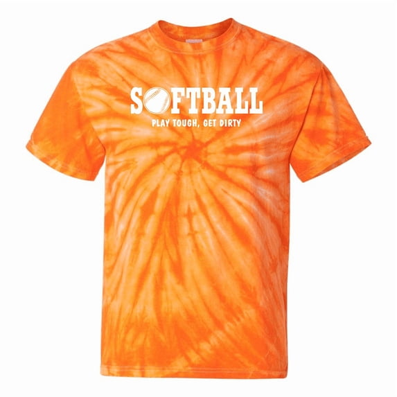 Girls Softball Tie Dye T-Shirt "Play Tough, Get Dirty" (Orange, Youth Small 6/8)