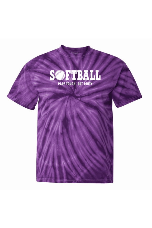 Girls Softball Tie Dye T-Shirt "Play Tough, Get Dirty" (Purple, Youth Medium 10/12)