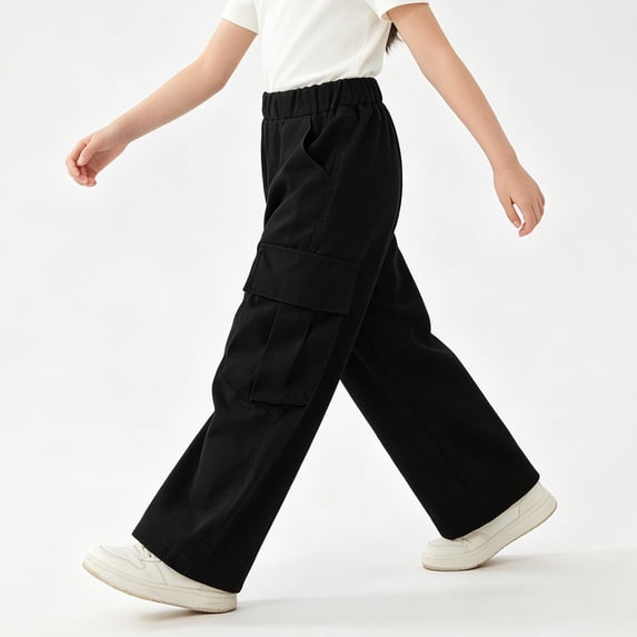 Girls Solid Cargo Pants Casual Baggy Wide Leg Elastic Waist Casual Jogger Trousers with Pockets Black 14-15Years
