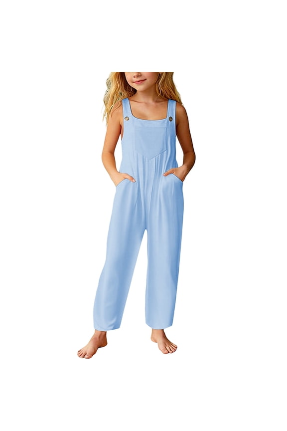 Girls Solid Casual Loose Fit Overalls with Pocket Design Ankle Length for Kids Play Blue 9 Years-10 Years