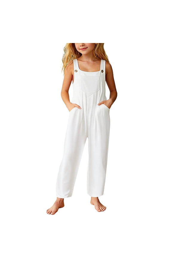Girls Solid Casual Loose Fit Overalls with Pocket Design Ankle Length for Kids Play White 5 Years-6 Years