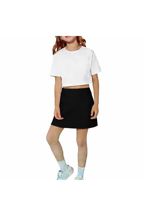 Girls' Solid Color Athletic Skort with Built-In Shorts, Elastic Waist Skirt with Side Pockets for Tennis, Yoga, Running, and Casual Daily Wear, Ideal for Sports, School, Play - Black