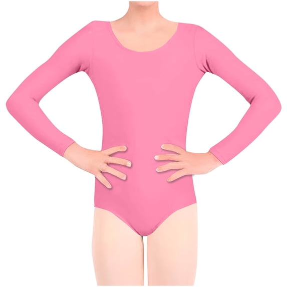 Girls Solid Color Ballet Leotard Long Sleeve Scoop Neck Dancewear Tops Kids Soft Comfy Tight Bodysuit Pink 9-11 Years