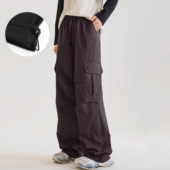 Girls Solid Color Cargo Pants with Elastic Waist Teens Loose Fitting Baggy Pants Drawstring Parachute Trouser with Pockets Girls Trousers for Fall Purple 12Y