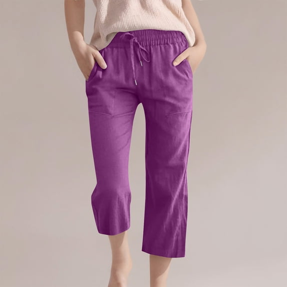 Girls' Solid Color Cotton Linen Casual Pants,Elastic Drawstring Waist 3/4 Length Capri with Pockets,Loose Fit for Daily Wear, School, Summer Activities,Breathable and Comfortable - Purple