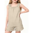 thumbnail image 1 of Girls Solid Color Cotton Linen Like Sleeveless Ruffle Vest & Elastic Waist Shorts Set for 5-16Y, Kids Summer Casual Two Piece Outfit Khaki 15-16 Years, 1 of 9