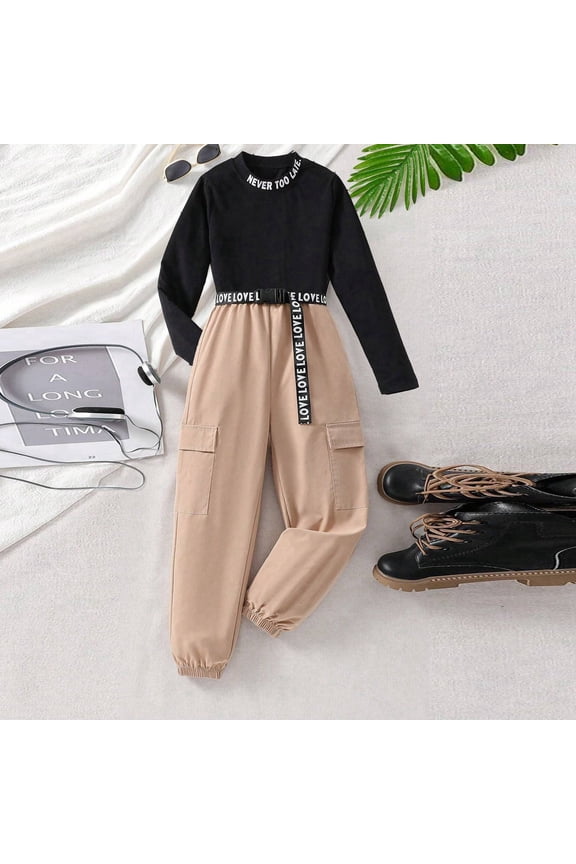 Girls Solid Color Crew Neck Casual Shirt Cargo Fashion Personality Trouser Suit Baby 8-9 Years