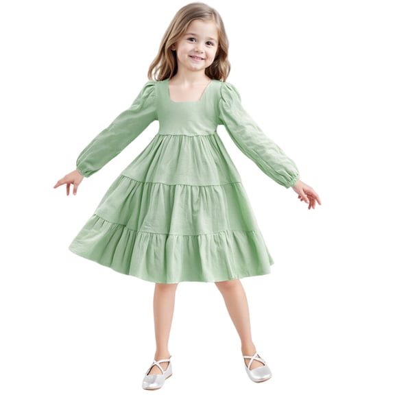 Girls Solid Color Dress, Long Sleeve Tiered Smocked Dress , Whimsical Boho Party Dress for Birthday Photos and Special Occasions.,Green,130
