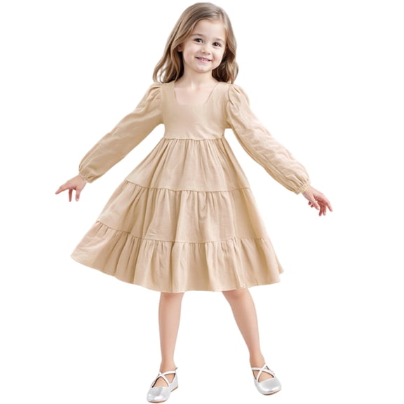 Girls Solid Color Dress, Long Sleeve Tiered Smocked Dress , Whimsical Boho Party Dress for Birthday Photos and Special Occasions.,Khaki,130