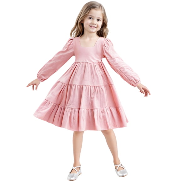 Girls Solid Color Dress, Long Sleeve Tiered Smocked Dress , Whimsical Boho Party Dress for Birthday Photos and Special Occasions.,Pink,90