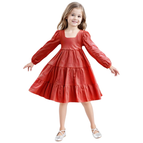 Girls Solid Color Dress, Long Sleeve Tiered Smocked Dress , Whimsical Boho Party Dress for Birthday Photos and Special Occasions.,Red,100