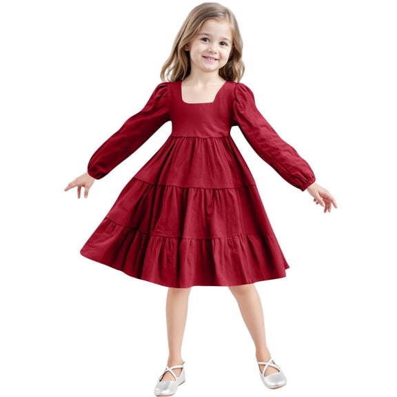 Girls Solid Color Dress, Long Sleeve Tiered Smocked Dress , Whimsical Boho Party Dress for Birthday Photos and Special Occasions.,Wine,100