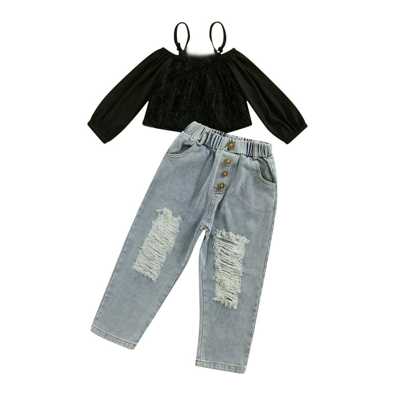 Girls Solid Color Fluffy Tops and Elastic Waist Ripped Jeans