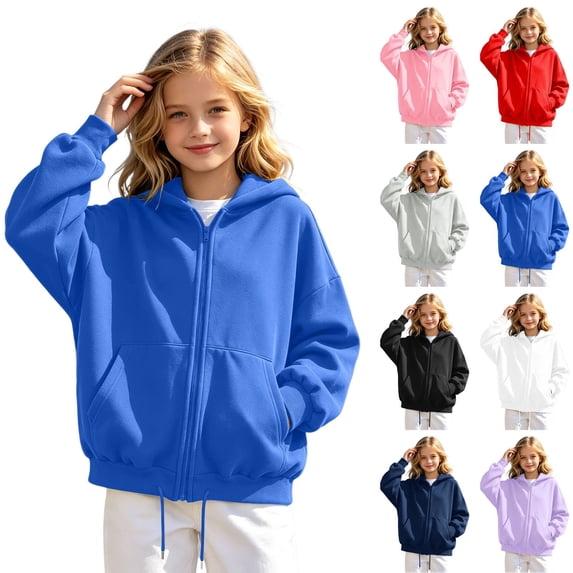 Girls Solid Color Full Zip Hooded Sweatshirt, Kids Zip‑Up Hoodie Jacket, Loose Fit Casual Outerwear Tops for Autumn Winter Daily School Outdoor Travel Wear(Blue,7-8 Years)