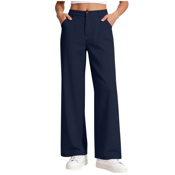 Girls' Solid Color High Waist Wide Leg Pants, Button Closure with Pockets, Durable & Comfortable Wear, Ideal for School & Daily Activities, 5-16 Years Navy 14-15 Years
