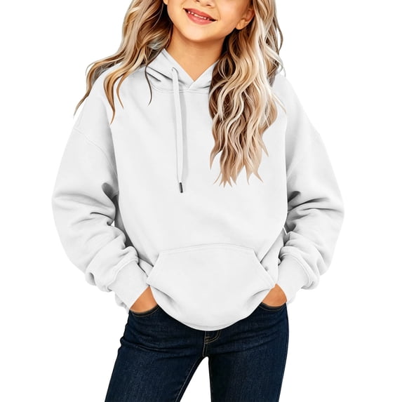 Girls Solid Color Hoodie, Drawstring Pocket Soft Loose Pullover, Long Sleeve Casual Top For Kids White 5-6Years