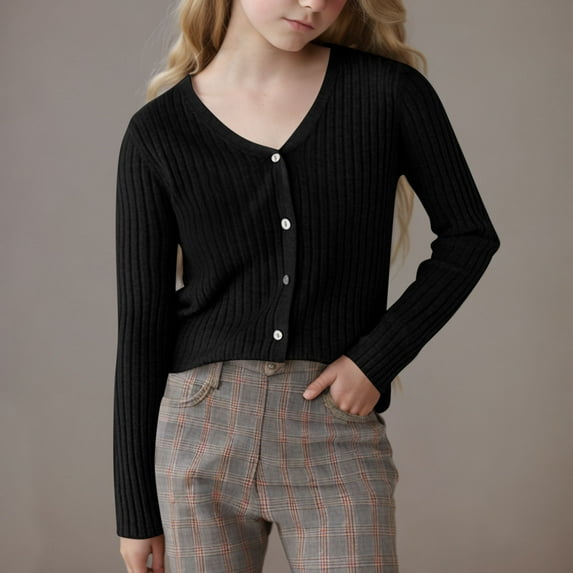 Girls Solid Color Knit Cardigan, Long Sleeve Button Down School Cardigan for Kids Black XXL