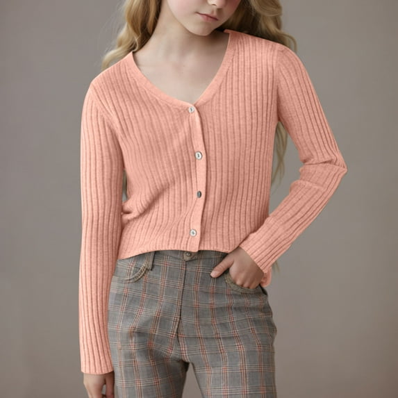 Girls Solid Color Knit Cardigan, Long Sleeve Button Down School Cardigan for Kids Pink M