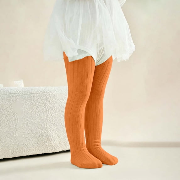 Girls Solid Color Knit Tights Pantyhose Knitted Fabric Soft Pantyhose Leggings Stockings Basis Matching Orange 5-6Years