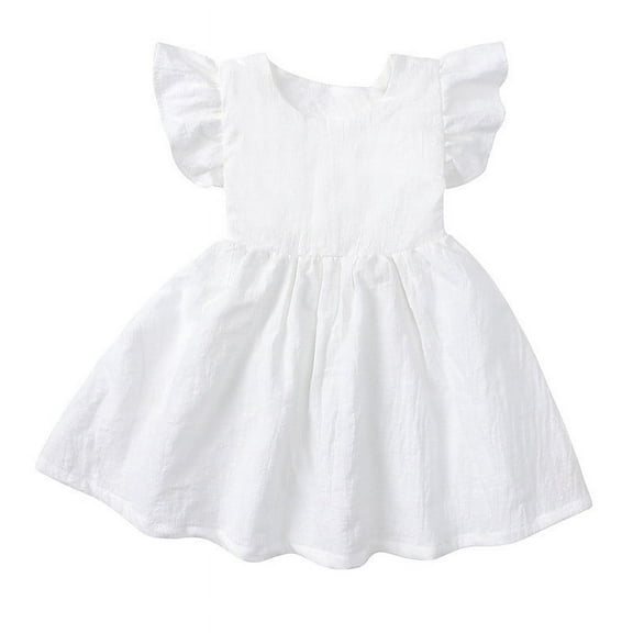 Girls' Solid Color Linen Bow Sleeve Dress for Summer Casual Wear and Parties