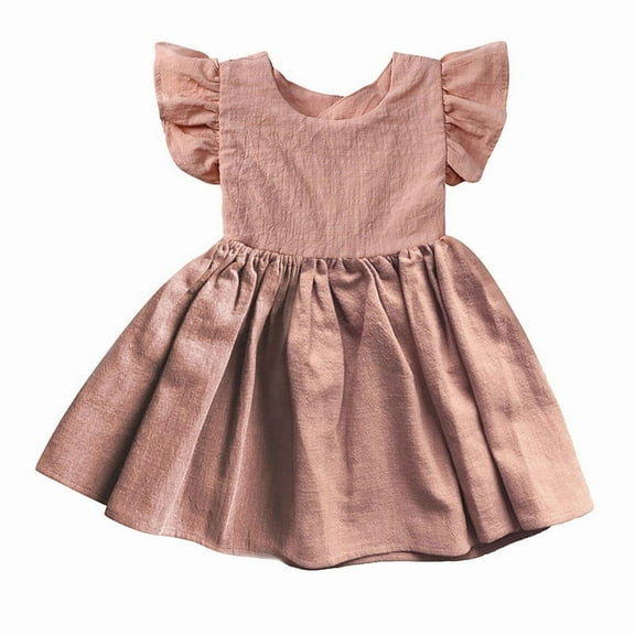 Girls' Solid Color Linen Bow Sleeve Dress for Summer Casual Wear and Parties