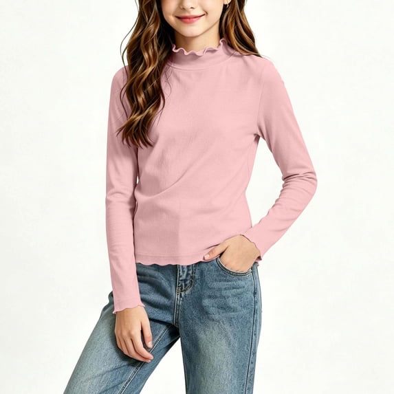 Girls Solid Color Long Sleeve Crew Neck Blouse Soft Casual Top