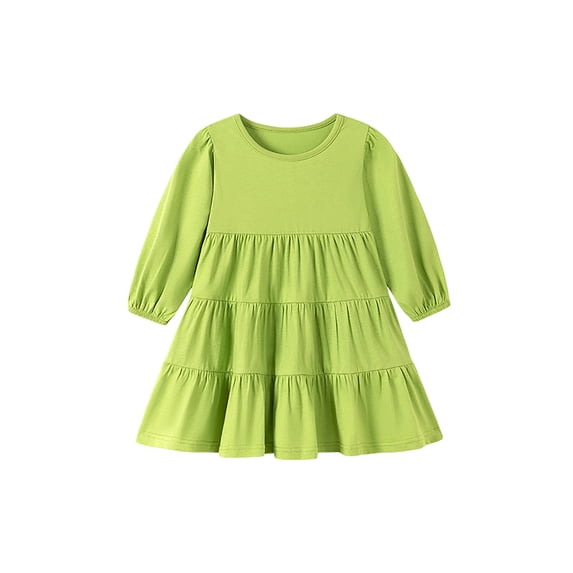 Girls Solid Color Long Sleeve Tiered Dress, Crew Neck Puff Sleeve Ruffle Layer Swing Skirt, Soft Casual Kids Outfit for Spring Summer Autumn Daily School Outdoor Wear(Green,6-7 Years)
