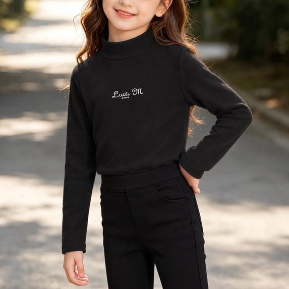 Girls Solid Color Long Sleeve Top, Crew Neck Pullover Shirt, Easy Matching Casual Kids Clothing | Akmoler,Black 5-6 Years