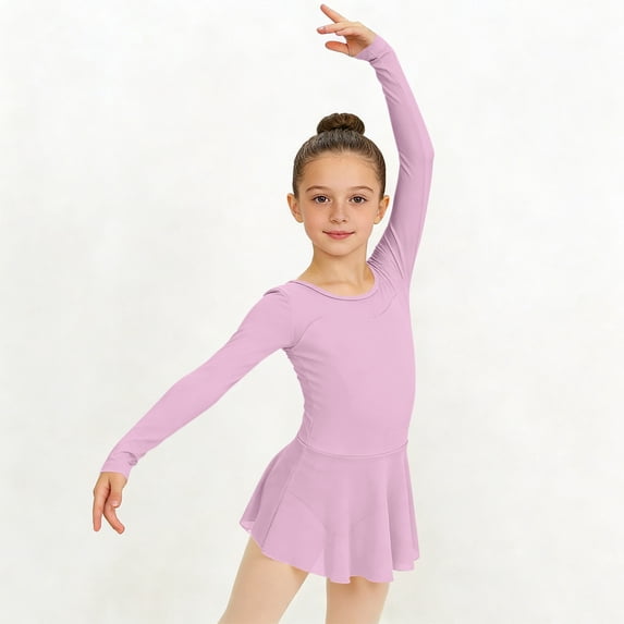 Girls' Solid Color Long Sleeved Chiffon Skirt Ballet Dance Costume Practice Outfit Long Sleeved Short Dress(Sizes 3-15)
