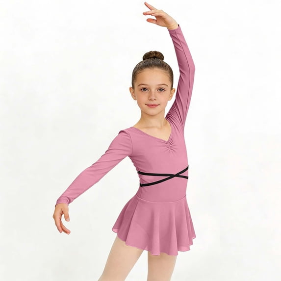 Girls' Solid Color Long Sleeved Chiffon Skirt Ballet Dance Costume Practice Outfit Long Sleeved Short Dress(Sizes 3-15)