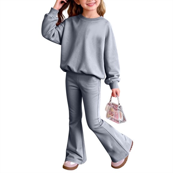 Girls' Solid Color Matching Set, Loose Fit Long Sleeve Round Neck Pullover Hoodie and Flare Leg Pants, Casual Two-Piece Outfit for Daily Wear, School,Playdates,Comfortable Street Style Fashion - Grey