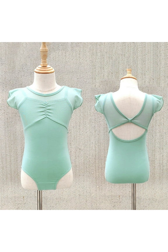 Girls Solid Color Mesh Gymnastics Leotard for Child Ballet Dance Unitard Gym Training Workout Bodysuit Green 12-13 Years