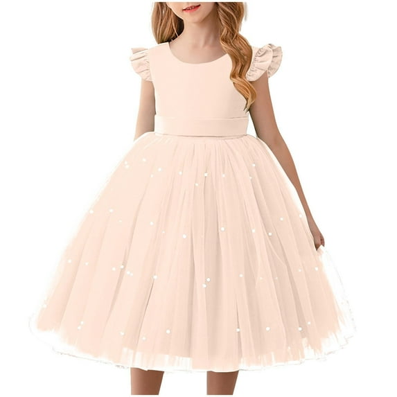 Girls' Solid Color Mesh Puffy Sleeve Formal Party Dress for Pageants and Special Occasions