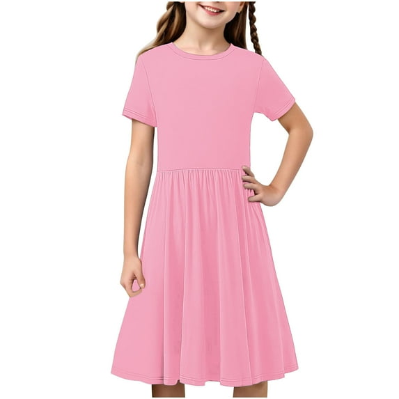 Girls Solid Color Midi Dresses Short Sleeve Casual a Line Flowy Skater Casual Dance Dress Child Bodycon Maxi Dress 4Y