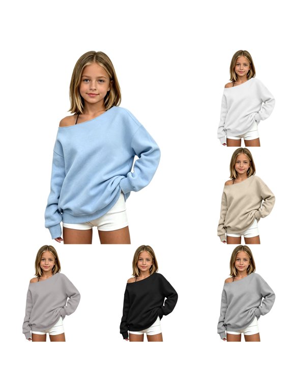 Girls Solid Color Off Shoulder Sweatshirt Cozy Relaxed Fit Hoodie Knit Top for Everyday Wear 5-14 Years