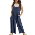 thumbnail image 1 of Girls' Solid Color Overalls, Sleeveless Wide Leg Jumpsuit with Functional Pockets, Loose Fit Casual Playwear for Everyday, School,Outdoor Activities,Comfortable and Stylish for Ages 5-14 Years - Navy, 1 of 8
