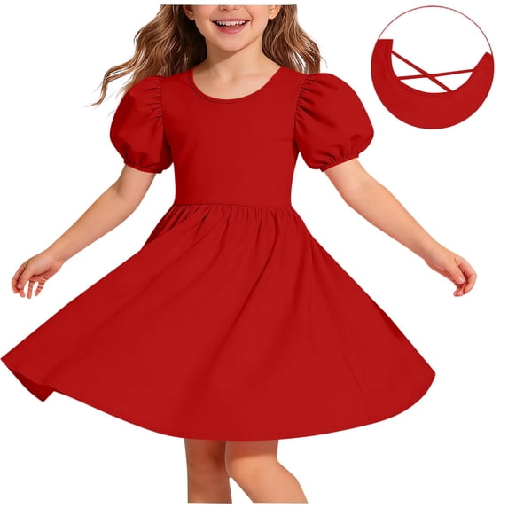 Girls' Solid Color Puff Sleeve A-Line Dress with Crisscross Back and Ruffle Detail