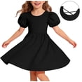 thumbnail image 1 of Girls' Solid Color Puff Sleeve A-Line Dress with Crisscross Back and Ruffle Detail, 1 of 8