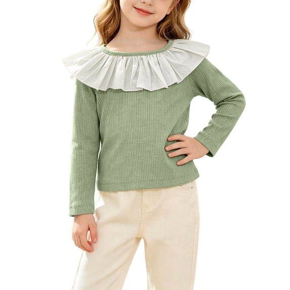 Girls' Solid Color Ribbed Lace Ruffle Collar Top Long Sleeve Soft Basic Layering Shirt for Spring Wear 6 Months-7 Years Green 6 Months
