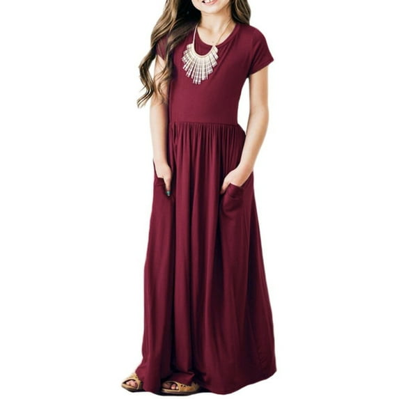 Girls Solid Color Round Neck Short Sleeve Dresses Big Swing Kids Long Long Dresses