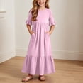 thumbnail image 1 of Girls Solid Color Ruffle Dress, Summer Casual Short Sleeve Round Neck, Cute A-Line Style For Ages 4-14 Pink 13-14 Years, 1 of 6